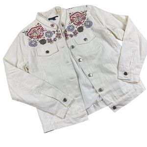 Indigo Moon Embroidered Boho Western Denim Jacket Cream Coastal Cowgirl Small